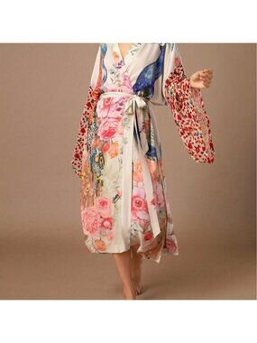 Women's Printed Beach Smock Peacock Pattern Printed Belt kimono robe